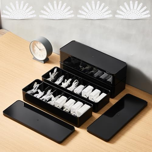 Tatuo Cord Organizer Box with Lid, Black, 4 Pack