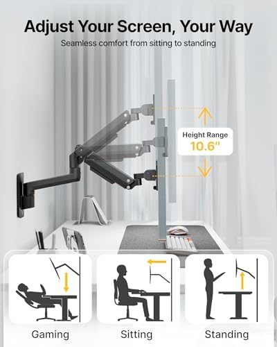monTEK Single Monitor Wall Mount, 17–49" Gas Spring Arm, Up to 44 lbs，Black