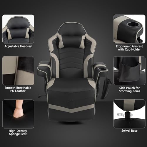 GYMAX Gaming Chair with Footrest, Massage Video Game Chairs for Adults with Remote, Adjustable Backrest, Headrest, Cup Holder & Side Pocket, Ergonomic High Back Office Computer Chair (Grey)