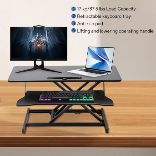 Standing Desk Converter 37 Inch – Height Adjustable Desk Riser with GasSpring Lift, Duals Screen Converter and Laptop Workstation, Sit Stand Ergonomic Riser with Keyboard Tray for Offices (BlackA)