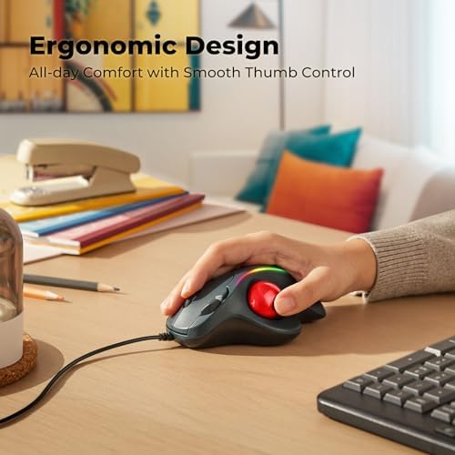 Wired Ergonomic Trackball Mouse, 34mm Thumb Control, RGB Lighting