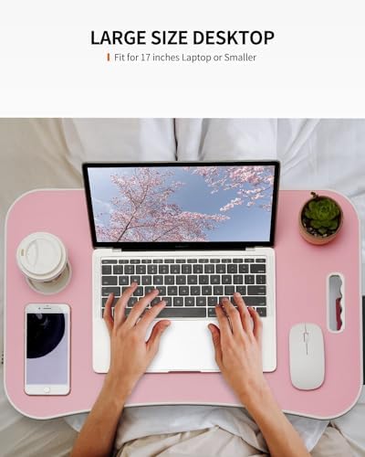 FISYOD Foldable Laptop Table, Portable Lap Desk Bed Table Tray, Laptop Stand with Cup Holder & Tablet Slot & Lifting Handle for Working Writing Drawing & Eating (Light Pink)