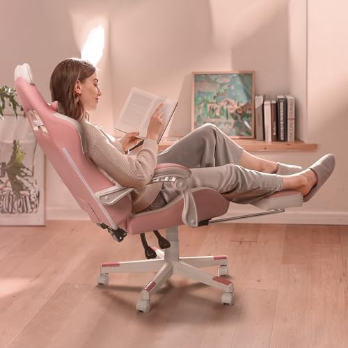 PUKAMI Pink Gaming Chair Cute with Cat Ears and Cat Paw Lumbar Cushion, Ergonomic Computer Chair for Girl with Footrest and Headrest, Comfortable Reclining PC Game Chair for Adult, Teen (Pink)
