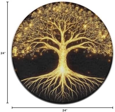 Large Home Decor Mat, Soft Round Yoga Carpet, Non Slip Machine Washable Home Office Circle Rug Gold Black Tree Life Celtic Art