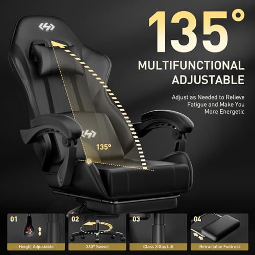 HLDIRECT Gaming Chair with Footrest, Lumbar Support & Headrest, Black