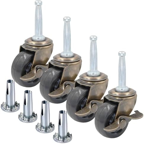 1-1/2 Inch Antique Brass Caster Wheels with Brake, Rubber Casters 5/16 Inch x 1-1/2 Inch (8 x 38mm) Stem Sockets Caster for Sofa, Chair, Cabinet, Dresser Vintage Furniture Set of 4