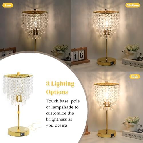 Crystal Table Lamp with USB C+A Ports, 3-Way Dimmable Touch Lamp, Gold Lamp