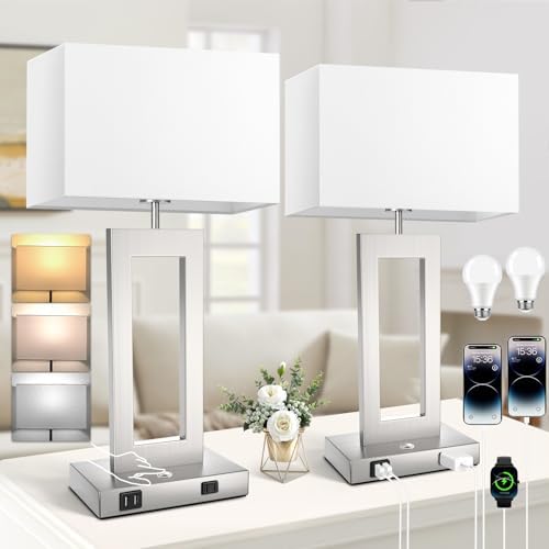 22’’ Touch Control Table Lamps Set of 2, 3 Color Temperatures Bedroom Bedside Lamps, Modern Silver Dimmable Lamps with USB Ports & AC Outlet, Tall Living Room Lamps for Nightstand End Table, 2 Bulbs