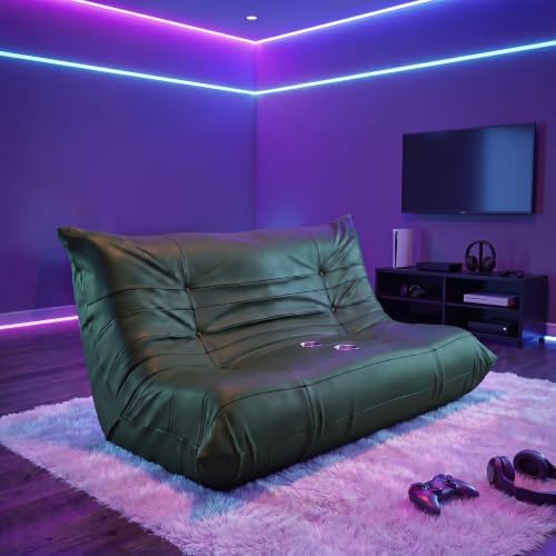 Homall Floor Gaming Chair Boneless Loveseat Couch, Ergonomic Floor Sofa Couch with Cup Holders, Leather Lazy Floor Lounger for Gaming, Reading, Relaxing, Watching TV (Olive Green)