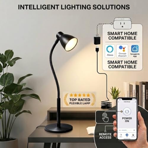 Small Dimmable Gooseneck LED Desk Lamp for Home Office, CRI 90+ Eye-Caring Reading Light, Adjustable Brightness, Perfect for Study Desk (Adapter Included)