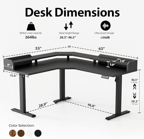 Agilestic 63 Inch L Shaped Electric Standing Desk with Shelf, Black