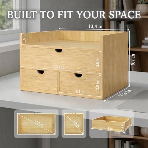 Bamboo Desk Organizer with 3 Drawers, Wood Storage Box for Office Supplies