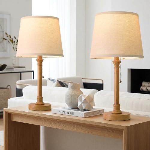 Oneach 19.5" Wood Grain Rustic Table Lamps Set of 2 for Living Room Bedroom