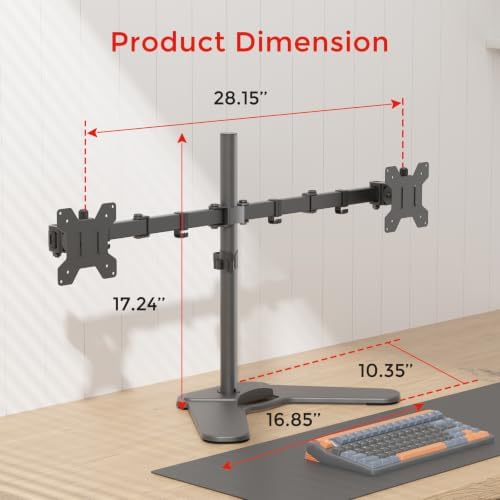 Suptek Free-Standing Dual Monitor Desk Mount, Full Motion Stand for 2 Monitors up to 32" 15.4lbs Each, Height Adjustable Swivel Tilt 360° Rotation, VESA Compatible with Phone Slot, Black