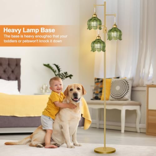 Vintage Floor Lamps for Living Room 3 Light Glass Floor Lamp with 3 Color Temperatures, Dimmable Green Floor Lamp Gold Mid Century Modern Standing Lamp Tall Tree Flower Floor Lamp for Bedroom Corner