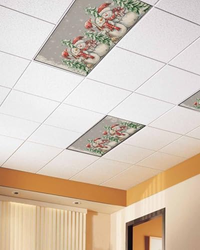 Grey Christmas Magnetic Fluorescent Light Covers for Ceiling Lights 2 x 4 Feet,Snowman Snowflakes Green Pine Tree Retro Office Classroom Kitchen Drop Ceiling Light Covers Filters Shade Panel 4 Packs