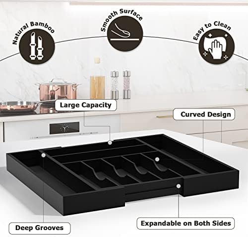 Utensil Organizer Silverware Drawer Organizer - Bamboo Expandable Cutlery Tray with Dividers for Utensil Holder Office Storage Makeup Desk Drawer Tool Organization W13.5"-19.5" x L17.5" x H2.5"(Black)