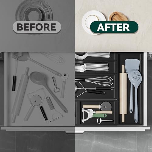 Lixple Bamboo Kitchen Drawer Organizer, 2 Pack, 12" x 6" x 2", Black