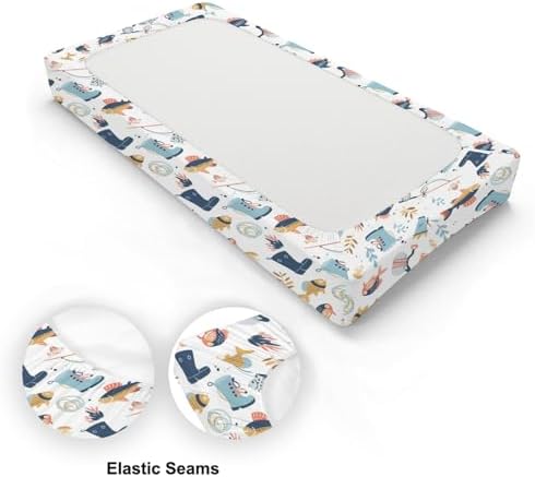 Cartoon Summer Fishing Fishes Leaves Pattern Baby Changing Pad Cover, Unisex Fishing Nursery Diaper Changing Table Pad Mat Sheet for Boys Girls-16x32
