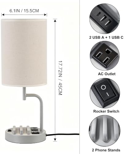 Dreamholder 2 Pack Table Lamp, Bedside Lamp with 3 USB Charging Ports & AC Outlet, USB Desk Lamp with 2 Phone Holders, Linen Fabric Shade Nightstand Lamps for Bedroom Living Room Office, Gray