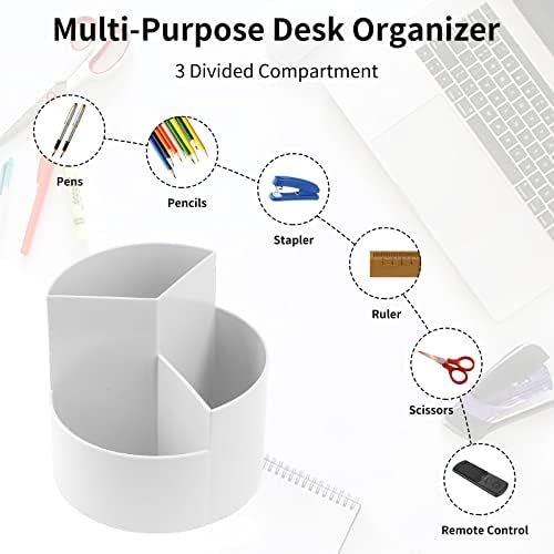 Desk Pencil Pen Holder, 3 Slots 360-Degree Spinning Organizers, Desktop Storage Stationery Supplies, Cute Cup Pot for Office, School, Art Supply, Kids - Gray