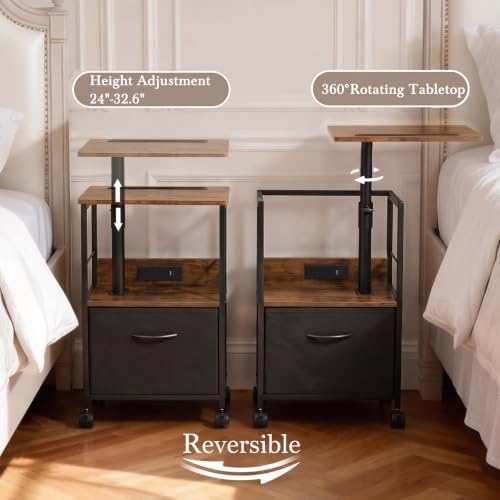 Faesun Night Stand with Charging Station & Swivel Top, Brown Black