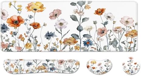 Desk Pad and Keyboard Wrist Rest, Large Mouse Pad + Keyboard Pad+Mouse Wrist Support, Non-Slip Desk Mat Protector for Office, Home 31.5×11.8 Inches Cute Floral