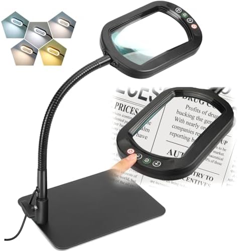 Veemagni 12X Rectangle Magnifying Glass with Light and Stand, Flexible Gooseneck LED Lighted Desk Lamp, 5 Color Modes Stepless Dimmable, Hands Free Magnifier for Reading Crafts Painting Close Work