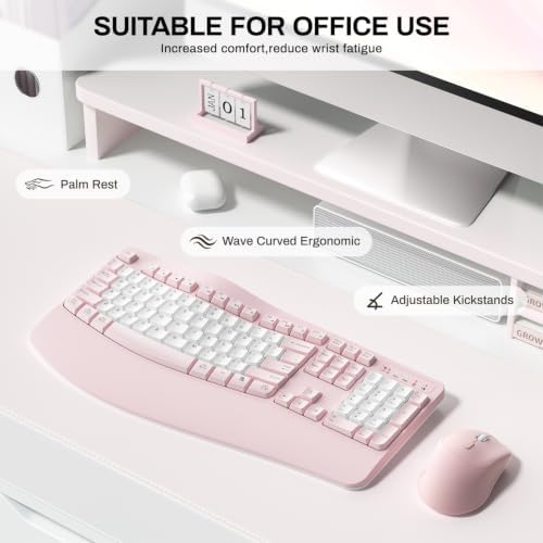 Wireless Keyboard and Mouse Combo,2.4G Ergonomic Wave Keys(Pink & White-B)