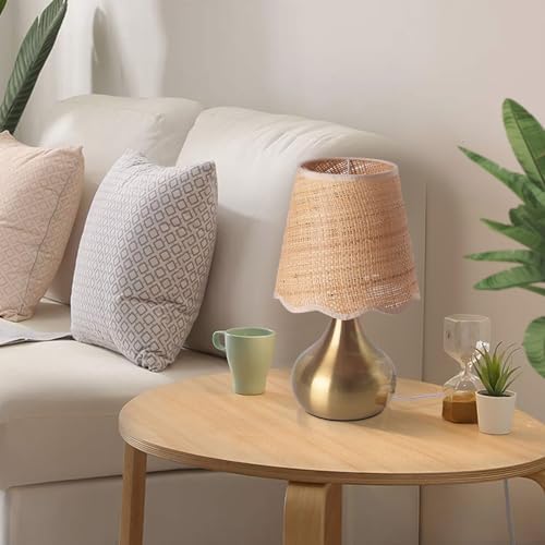 Gold Small Bedside Table Lamp for Bedroom, Brass Gold Mini Table Lamps for Nightstand, Rattan Shade Table Lamps for Small Spaces for Kitchen Counter, Bookshelf, Bedroom, Living Room, Kids Dorm