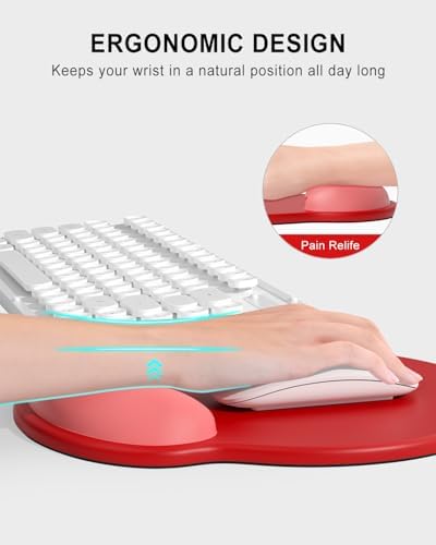 Auhoahsil Ergonomic Mouse Pad with Wrist Rest, Comfortable Silicone Non-Slip Computer Pain Relief Gel Mouse Mat with Wrist Support for Gaming, Work, Office, Women & Men, Cute Pattern, Red Pink
