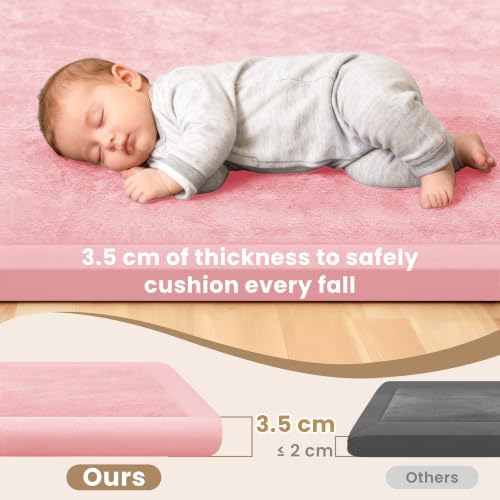 ACOMOPACK Baby Play Mat for Floor 1.3" Thick Memory Foam Play Mat 79"×158" Tummy Time Crawling with Non-Slip Bottom for Living Room,Nursery,Soft Velvet Playpen Mats for Kids,Infants（Pink）