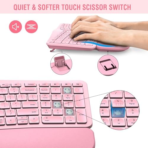 MK960 Ergonomic Wireless Keyboard Mouse Combo, Bluetooth/2.4G Split Design Keyboard with Palm Rest and 4 Level DPI Adjustable Wireless Mouse Multi-Device, Rechargeable, for Windows/Mac/Android(Pink)