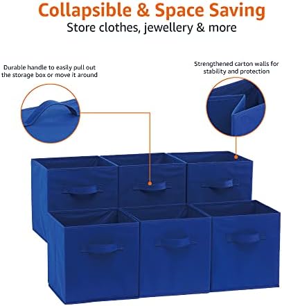Amazon Basics Collapsible Fabric Storage Bins with Handles, Cube Organizer for Home Organization, 10.5"x10.5"x11", Navy, 6 Count (Pack of 5)
