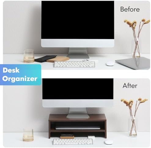FITUEYES Wooden Monitor Stand Riser, 2-Tier Desk Storage Shelf, Brown
