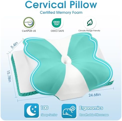 CloudBliss Cervical Memory Foam Pillow for Neck and Shoulder, Contour Neck Support Pillow with Cooling Case, Ergonomic Bed Pillow, Support for Side Back Stomach Sleepers (Green, Queen Size)