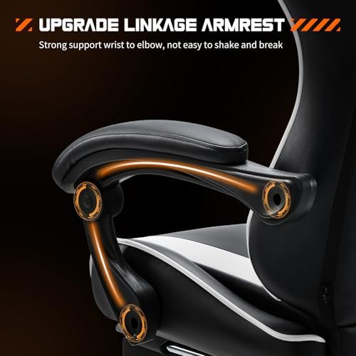 NEWBULIG Computer Gaming Desk Chair - High Back Ergonomic Lumbar Support with Footrest and Headrest, Comfy PU Leather Recliner with Linkage Armrest, Height Adjustable and 360° Swivel, White