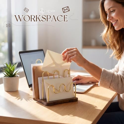 SiliFine 3-Slot Mail Organizer for Countertop, Metal Desktop, Brown,Gold