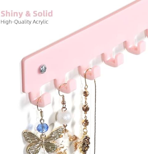 Acrylic Necklace Holder 2 Pack Wall Mounted Necklace Organizer Hanging Jewelry Organizer with 12 Hooks for Necklaces, Bracelets, Rings and Bangles Display Pink