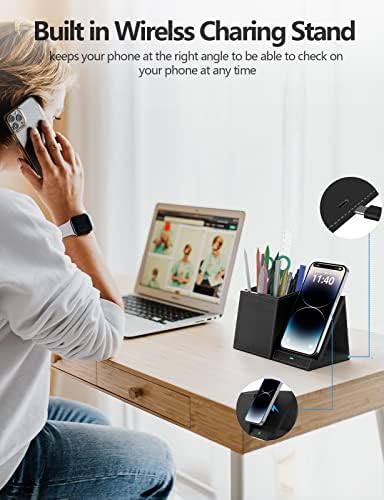 Desk Supplies Organizer, Multi-Functional Pencil Pen Holder with Wireless Charger, Desktop Stationery Organizer, Home Office Supply Storage Box Caddy (Black)