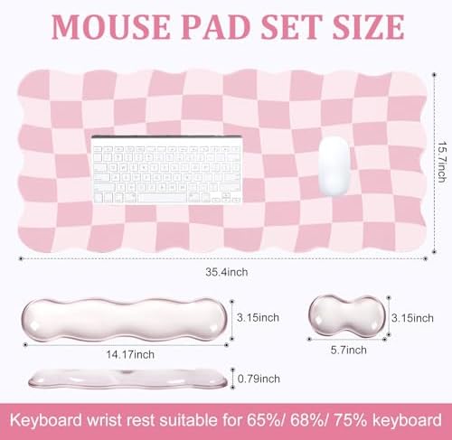 L-SPOUTTO Pink Checkered Mouse Pad Set,Scalloped Pastel XXL Desk Mat Set