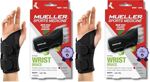 MUELLER Sports Medicine Green Fitted Wrist Brace for Men and Women,Wrist Pain Relief Support,Ideal for Carpal Tunnel,Tendonitis,Arthritis,Right Hand,Black,Large/X-Large,(Pack of 2)