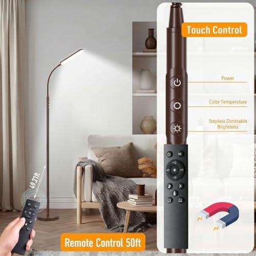 marctronic Vintage Brown Floor Lamp, 18W 1800LM Super Bright LED, Stepless Dimmable & Timer, Eye-Caring Reading Lamp for Living Room/Bedroom/Office