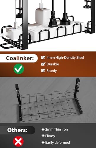 Cable Management Tray Under Desk 15.8'' - 4mm Wire Sturdy Cord Organizer for Desk Accessories - Cord Organization with Clamp No Drill - Standing Desk Accessories for Home Office