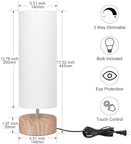 Touch Table Lamp with Wood Grain Metal Base, 3 Way Dimmable Bedside Lamp