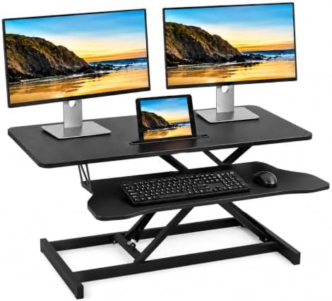 Standing Desk Converter 37 Inch – Height Adjustable Desk Riser with GasSpring Lift, Duals Screen Converter and Laptop Workstation, Sit Stand Ergonomic Riser with Keyboard Tray for Offices (BlackA)