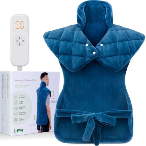 Weighted Heating Pad for Back Neck and Shoulders – Electric Shoulder Heating Wrap with 6 Heat Settings, 4 Auto-Off Timers, Fast Heating, Ultra-Soft Plush, Machine Washable – Gifts for Women and Men