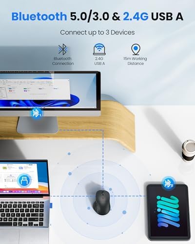 TECKNET Wireless Mouse Bluetooth 5.0/3.0 & 2.4G Rechargeable, Silent Clicks, Adjustable 4800 DPI, 6 Buttons, Ergonomic Design, Bluetooth Mouse for Laptop, Computer, ipad - Gray
