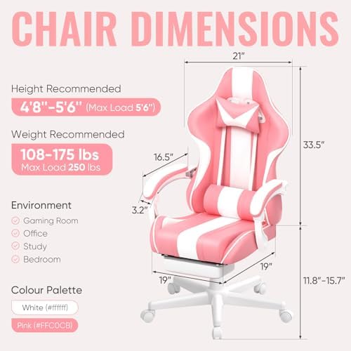 Ferghana Gaming Chairs, Ergonomic Racing Style PC Game Computer Chair with Headrest Lumbar Support Adjustable Recliner PU Leather Video Computer Chair(Pink)