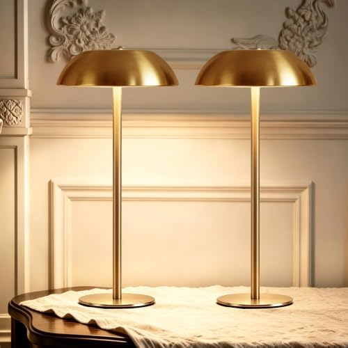 2 Pack Portable LED Mushroom Table Lamp, 12H Cordless Metal Night Light with Rechargeable Battery, Stepless Dimmable 3 Colors Desk Lamp for Bedroom Bar Coffee Shop(Brushed Gold)
